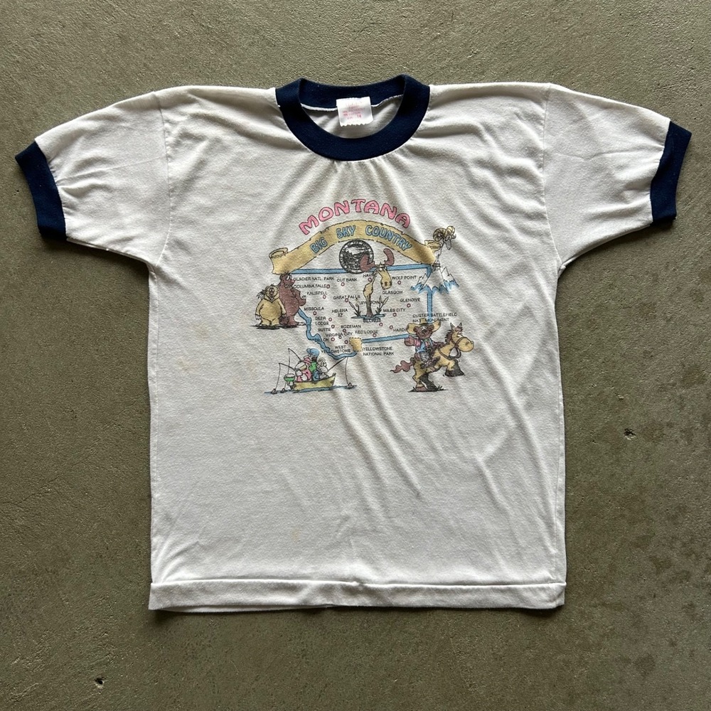 Vintage 70s Montana Big Sky Country Ringer Shirt Youth 14 Womens Baby Tee Map